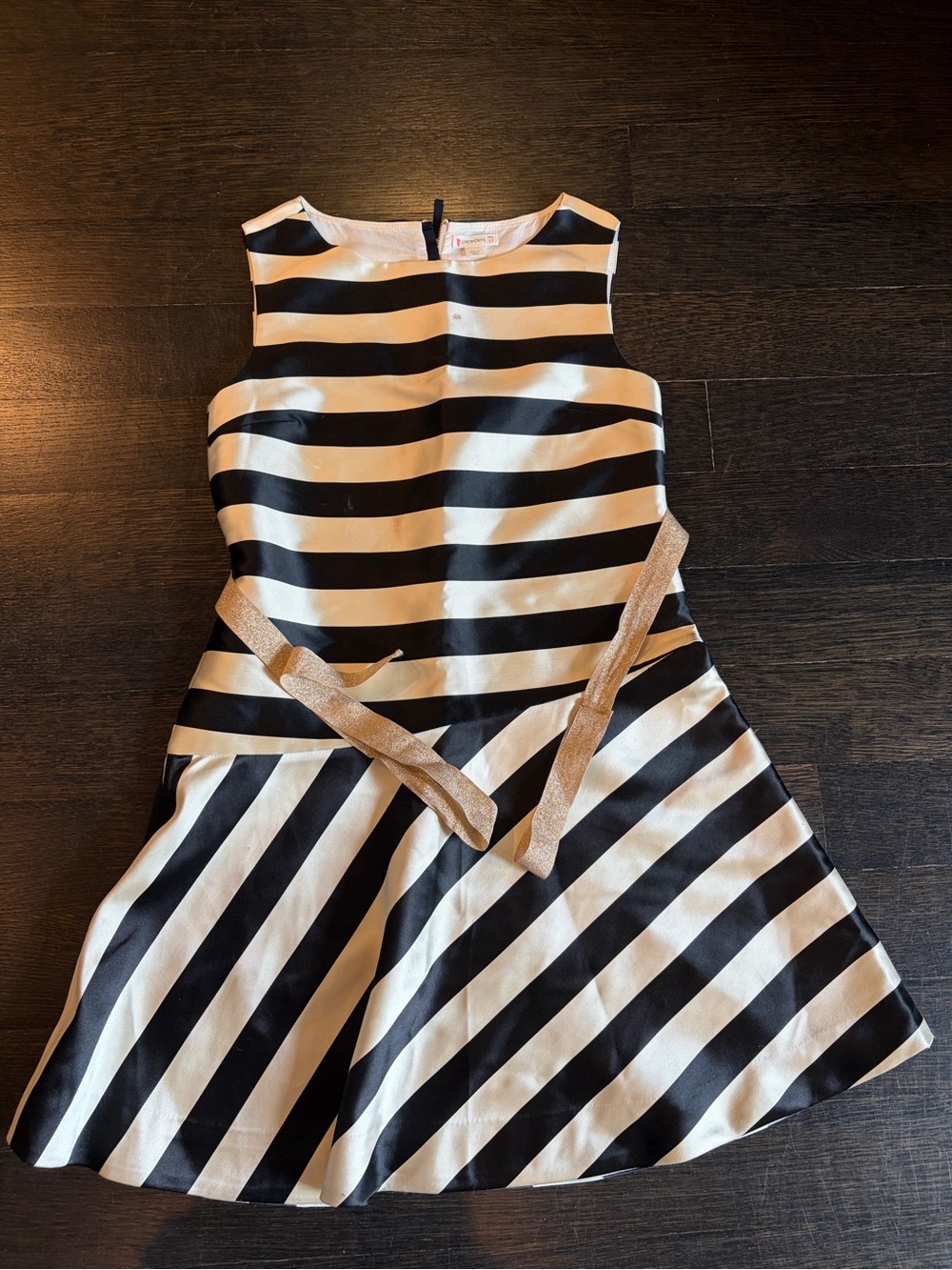 Crewcuts Black and White Striped Sleeveless Fit-and-Flare Dress with Gold Belt
